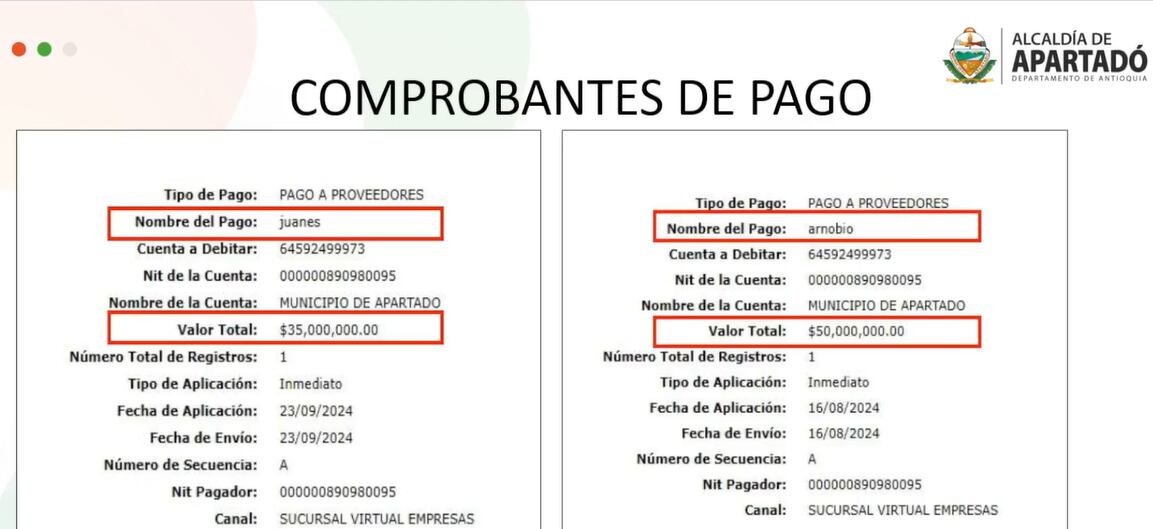 Este es uno de los pagos que, presuntamente fraudulentamente, se habrían hecho para robarse más de 3.500 millones de pesos de la Alcaldía de Apartadó, Antioquia.