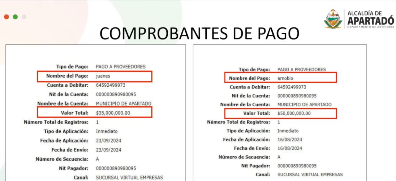 Este es uno de los pagos que, presuntamente fraudulentamente, se habrían hecho para robarse más de 3.500 millones de pesos de la Alcaldía de Apartadó, Antioquia.