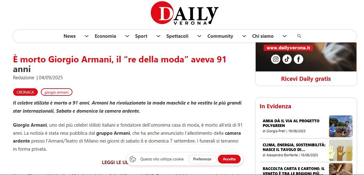 Así reacciona la prensa italiana tras la muerte del ícono de la moda Giorgio Armani