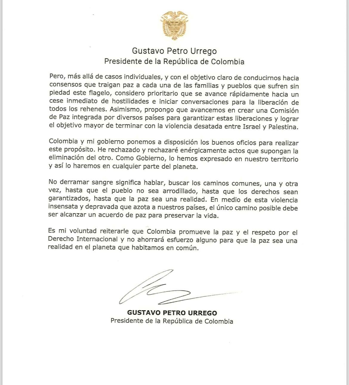 Carta presidente Gustavo Petro al primer Ministro de Israel Benjamín Netanyahu