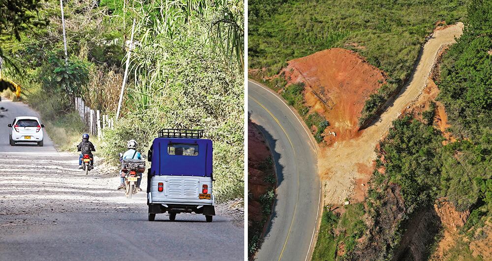  A la derecha, la vía embalastrada hacia la casa de Francia Márquez, que cuenta con un espacio adecuado para aterrizar un helicóptero. La diferencia con las de otras veredas es notoria.