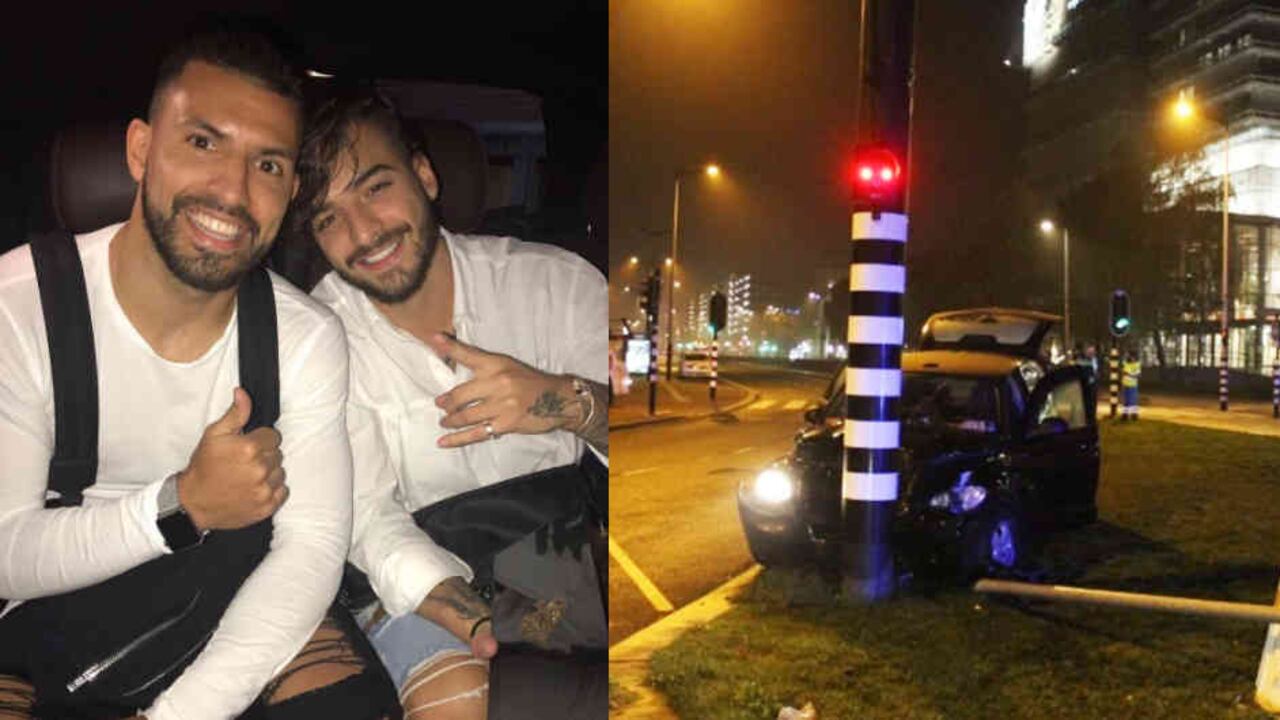 Kun Aguero y Maluma antes del concierto en Amsterdam. A la derecha el vehículo en el que se estrelló el futbolista