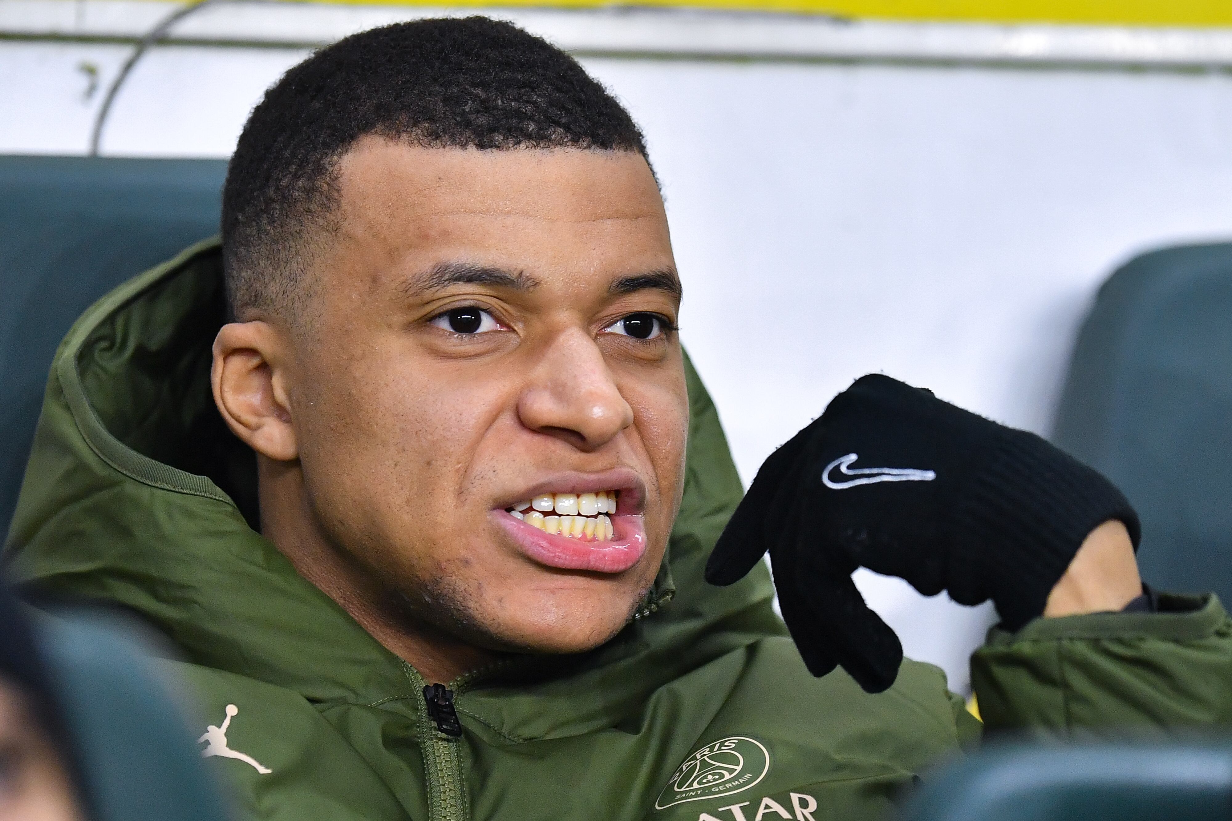 NANTES, FRANCE - FEBRUARY 17: Kylian Mbappe of PSG reacts prior to the Ligue 1 Uber Eats match between FC Nantes and Paris Saint-Germain at Stade de la Beaujoire on February 17, 2024 in Nantes, France. (Photo by Franco Arland/Getty Images)