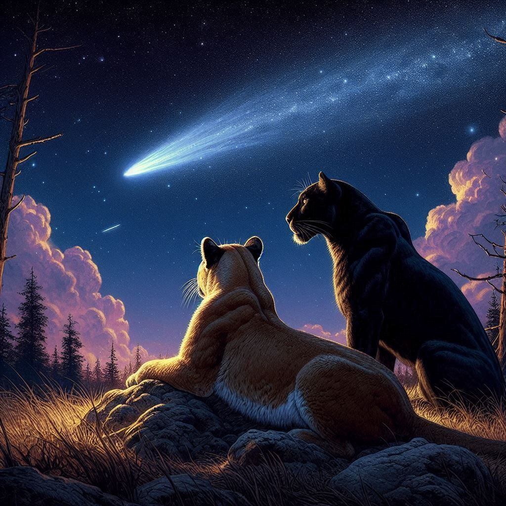 En esta imagen, un puma y una pantera observan fascinados el paso de un cometa, simbolizando la conexión entre la naturaleza y el cosmos en un instante de asombro.