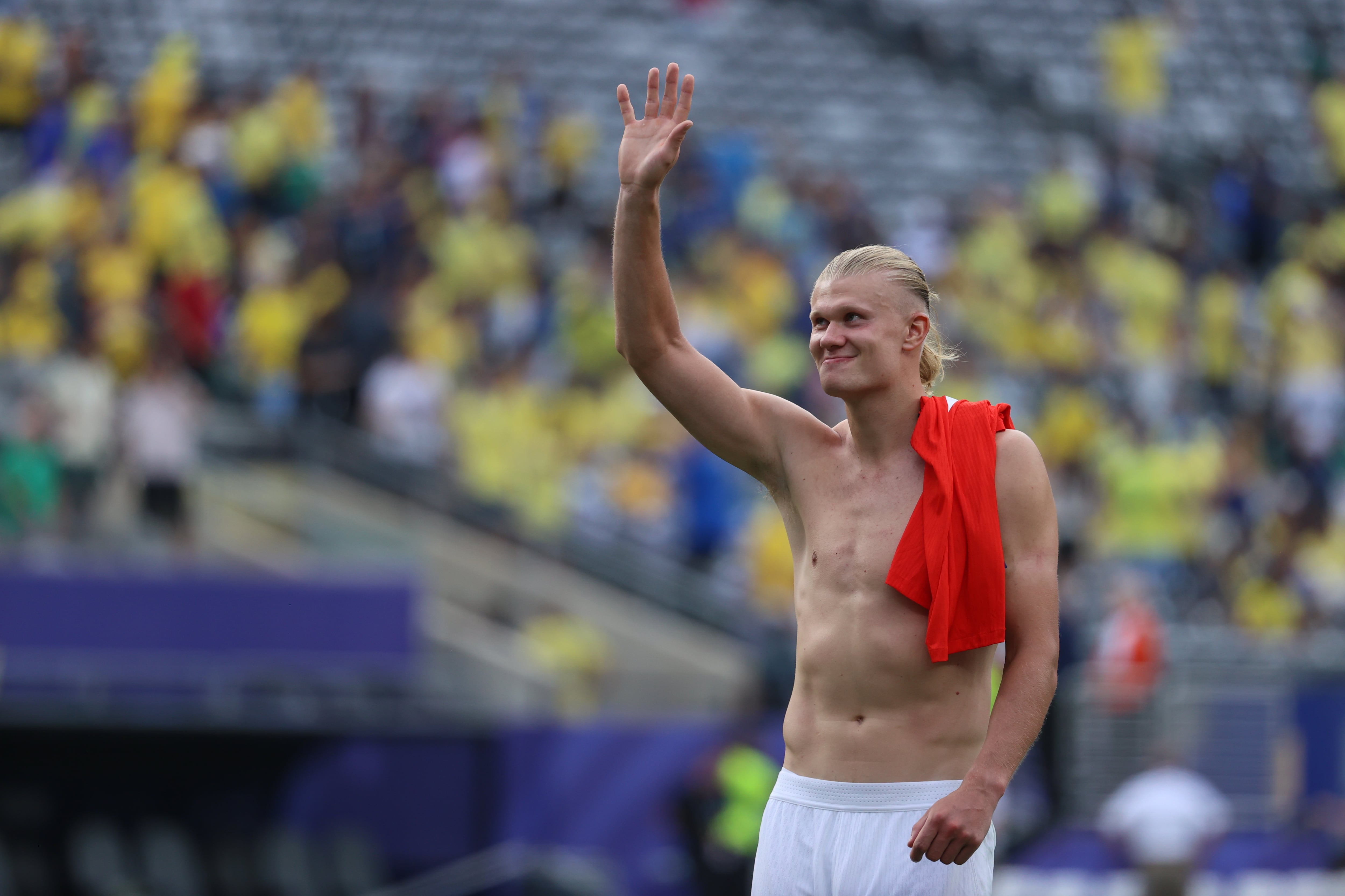 Norway's Erling Haaland (9) celebrates after the World Cup round of 16 soccer match between Brazil and Norway in East Rutherford, N.J., near New York, Sunday, July 5, 2026. (AP Photo/Pamela Smith)