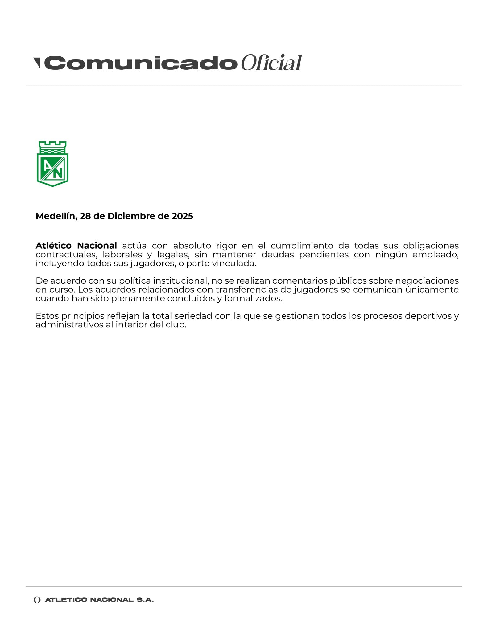 Comunicado oficial de Atlético Nacional.