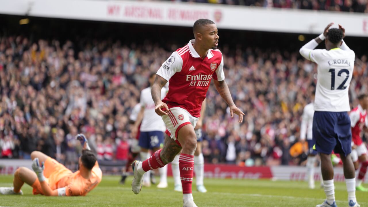 Arsenal's Gabriel Jesus celebrates after scoring his side's second goal during the English Premier League soccer match between Arsenal and Tottenham Hotspur, at Emirates Stadium, in London, England, Saturday, Oct. 1, 2022. (AP/Kirsty Wigglesworth)