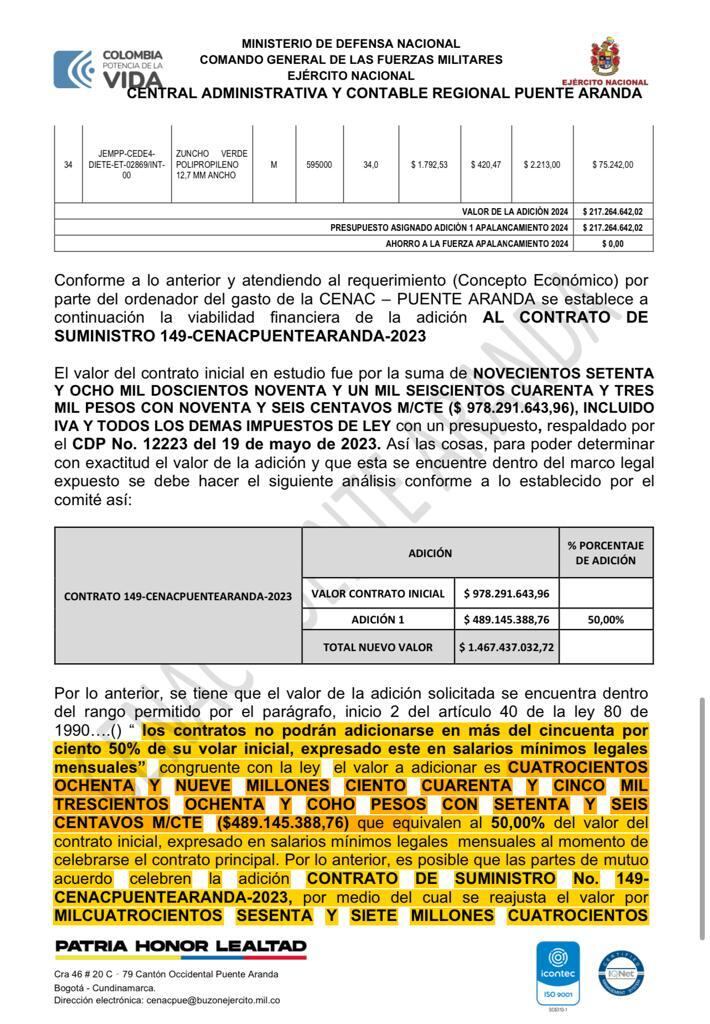 Adición del Ejército de más de 400 millones de pesos, a contratación que está en la mira de la Procuraduría.