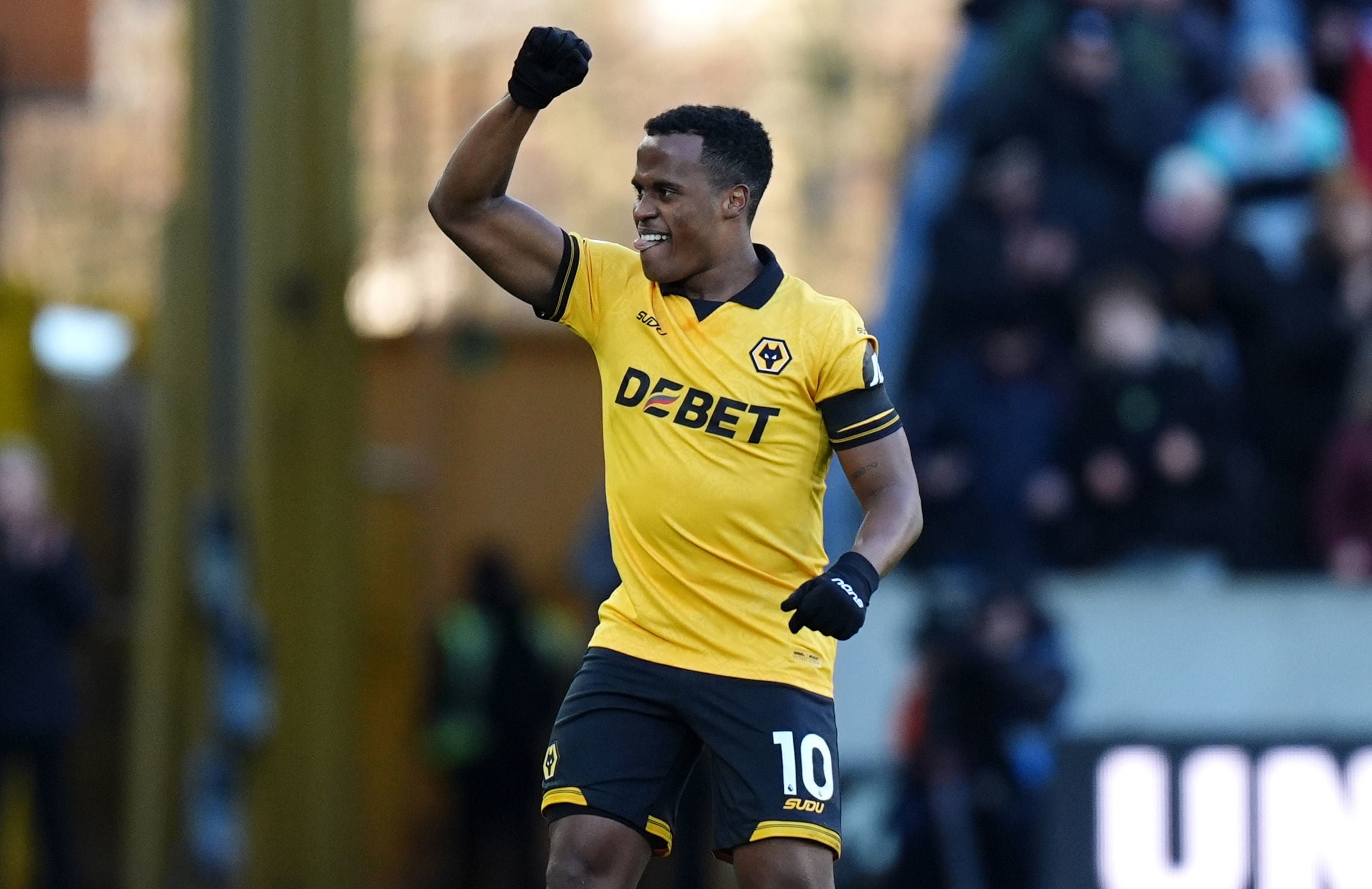 Wolverhampton Wanderers' Jhon Arias celebrates after scoring the opening goal  during the English Premier League soccer match between Wolverhampton Wanderers and West Ham United in Wolverhampton,  England, Saturday, Jan. 3, 2026. (Nigel French/PA via AP)
