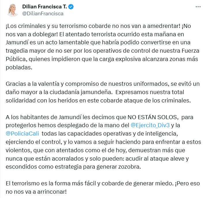 El mensaje de la gobernadora del Valle, Dilian Francisca Toro, luego del atentado en Jamundí.