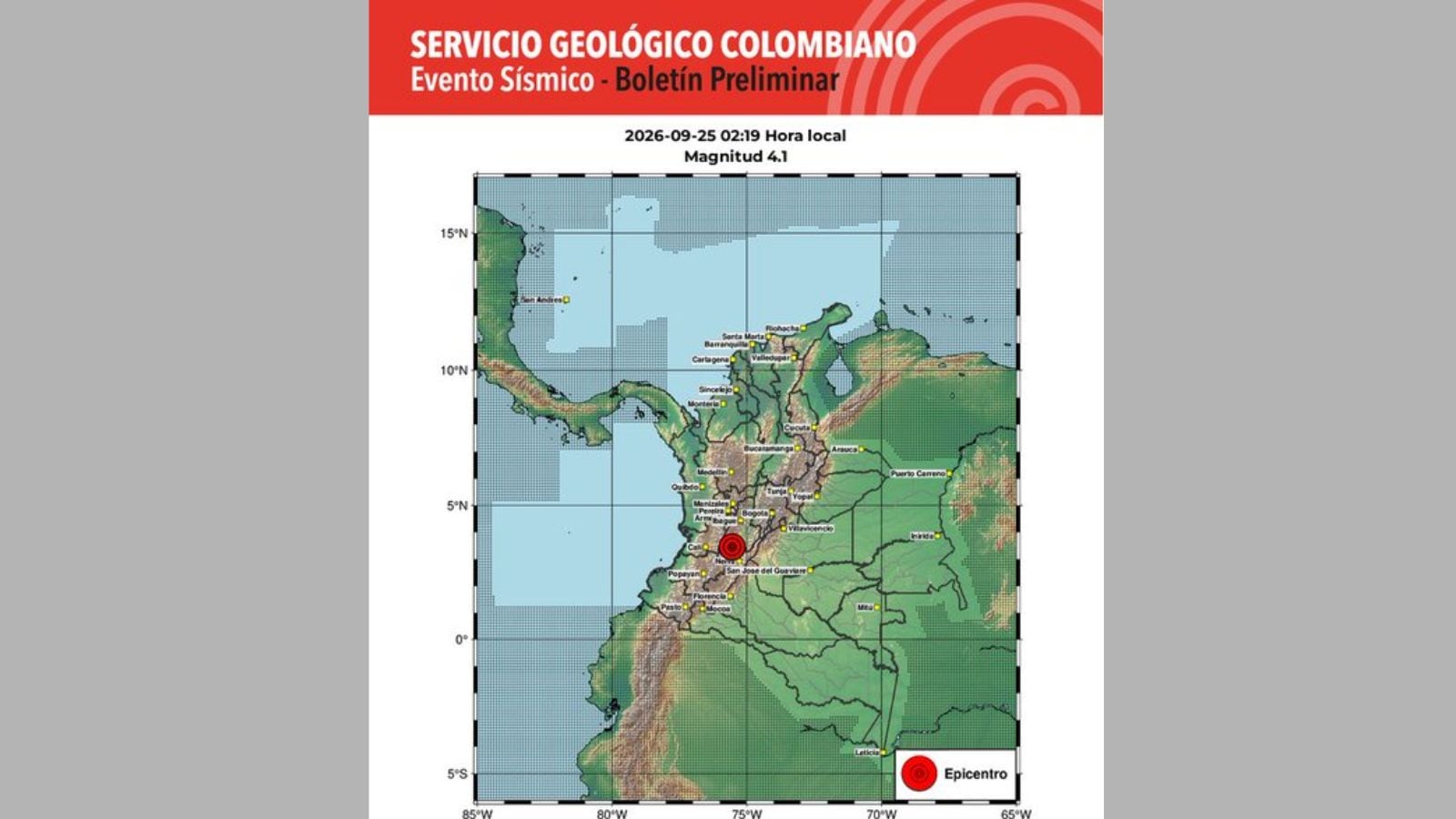El movimiento telúrico fue registrado a las 2:19 a. m. y tuvo una profundidad reportada como superficial, según el boletín preliminar del SGC.