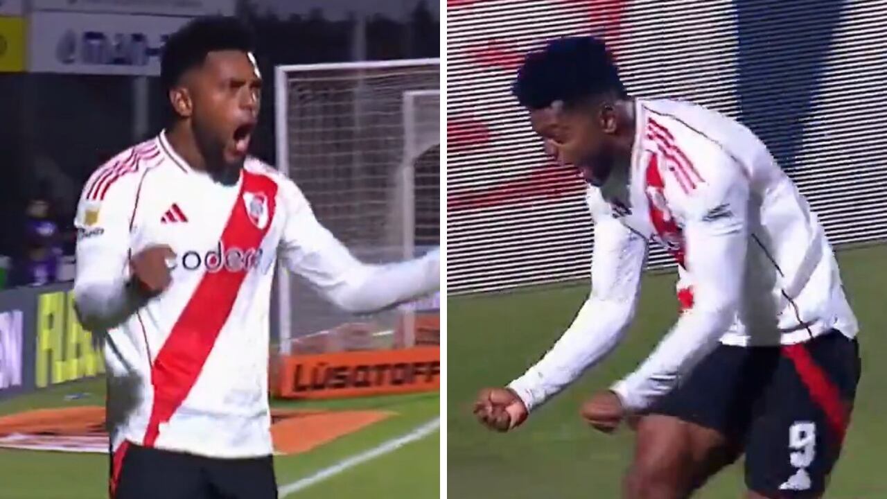 Miguel Borja gritando su gol, a rabiar, con River ante Sarmiento.