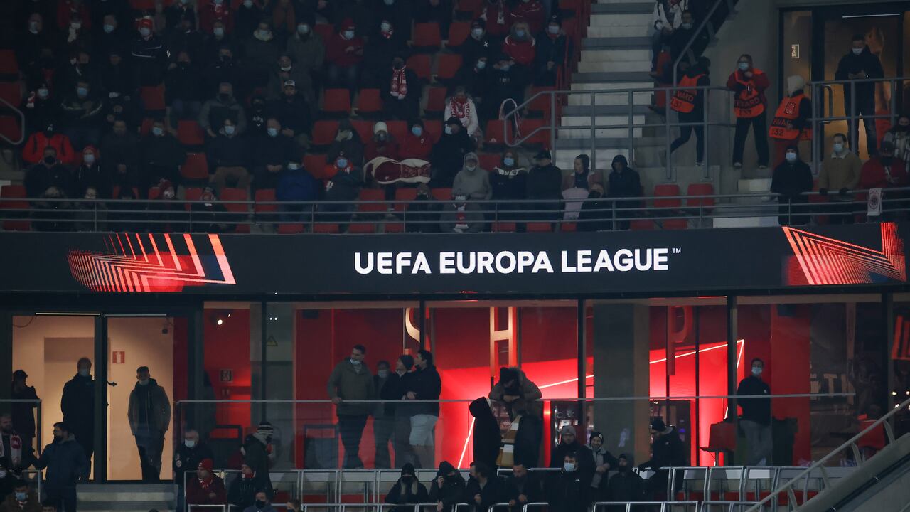Screen with the logo inscription of UEFA EUROPA LEAGUE with fans in the stadium during the Europa League game between Belgian soccer team Royal Antwerp FC and Greek soccer team Olympiacos Pireaus FC, in Group D of the UEFA Europa League group stage. Bosuilstadion stadium in Antwerpen, Belgium on December 9, 2021 (Photo by Nicolas Economou/NurPhoto via Getty Images)