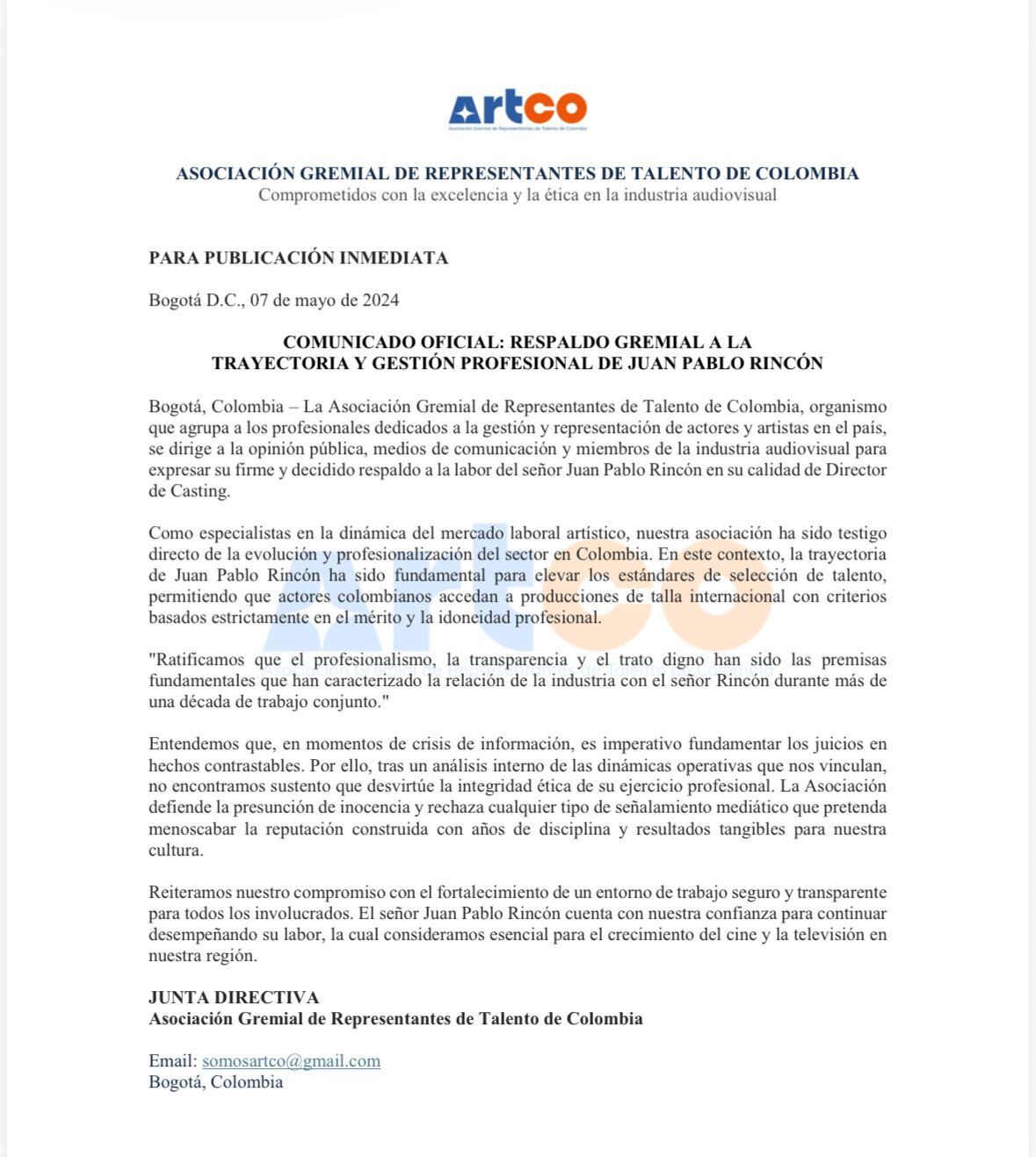 la Asociación Gremial de Representantes de Talento de Colombia emitió un comunicado oficial