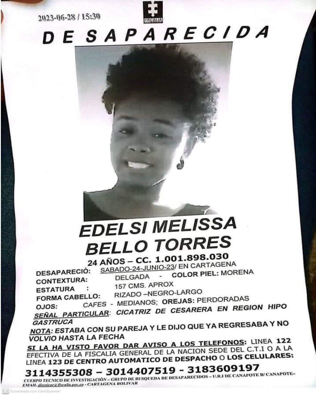 Edelsi Melissa Bello Torres, de 24 años, está desaparecida en Cartagena