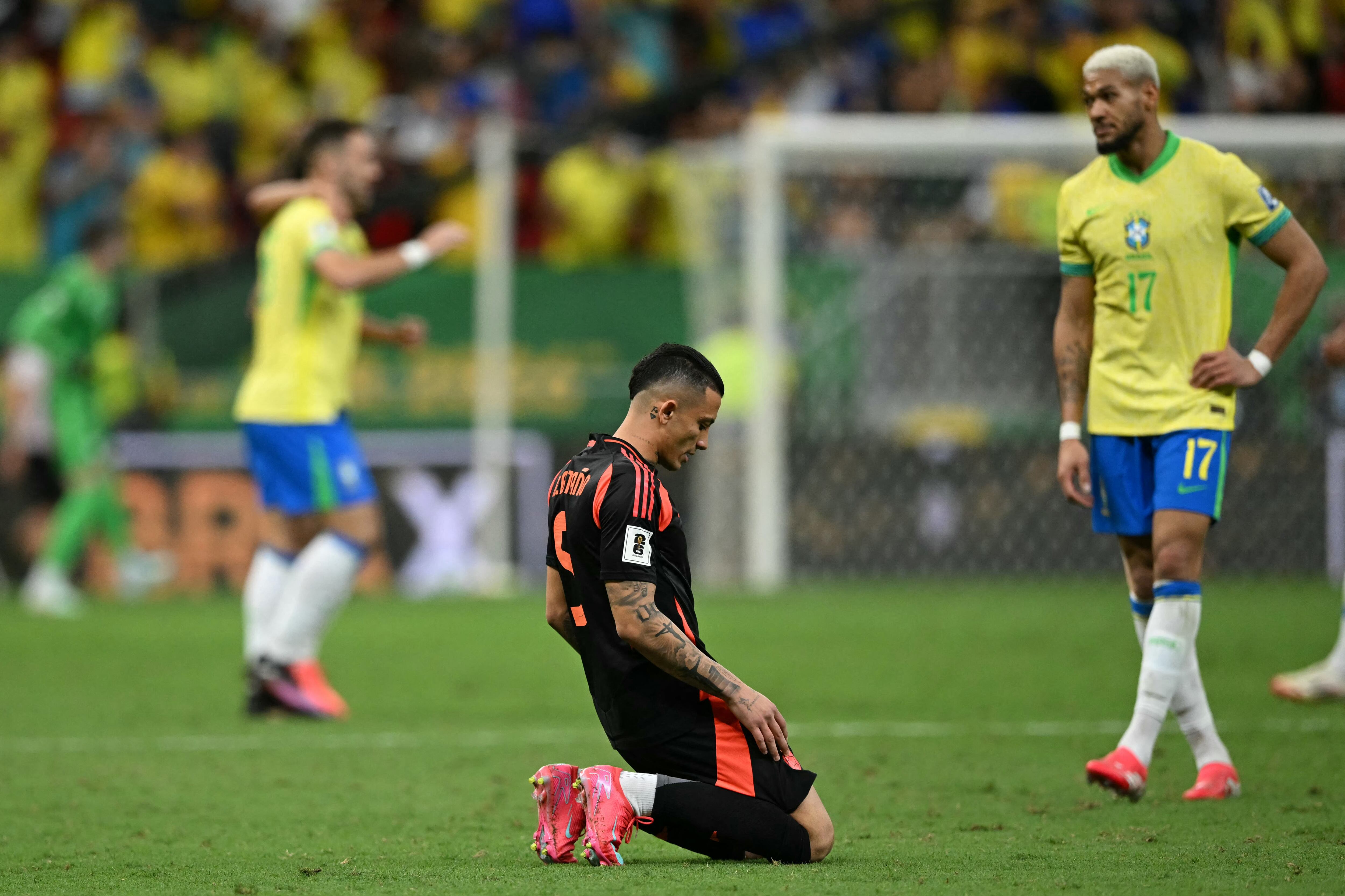 Colombia's midfielder #05 Kevin Casta�o reacts after losing the 2026 FIFA World Cup South American qualifiers football match between Brazil and Colombia, at the Mane Garrincha stadium in Brasilia, on March 20, 2025. (Photo by EVARISTO SA / AFP)