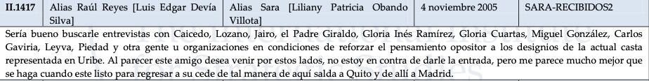 El nombre de Gloria Inés Ramírez aparece mencionada en varios de los correos electrónicos de Raúl Reyes.