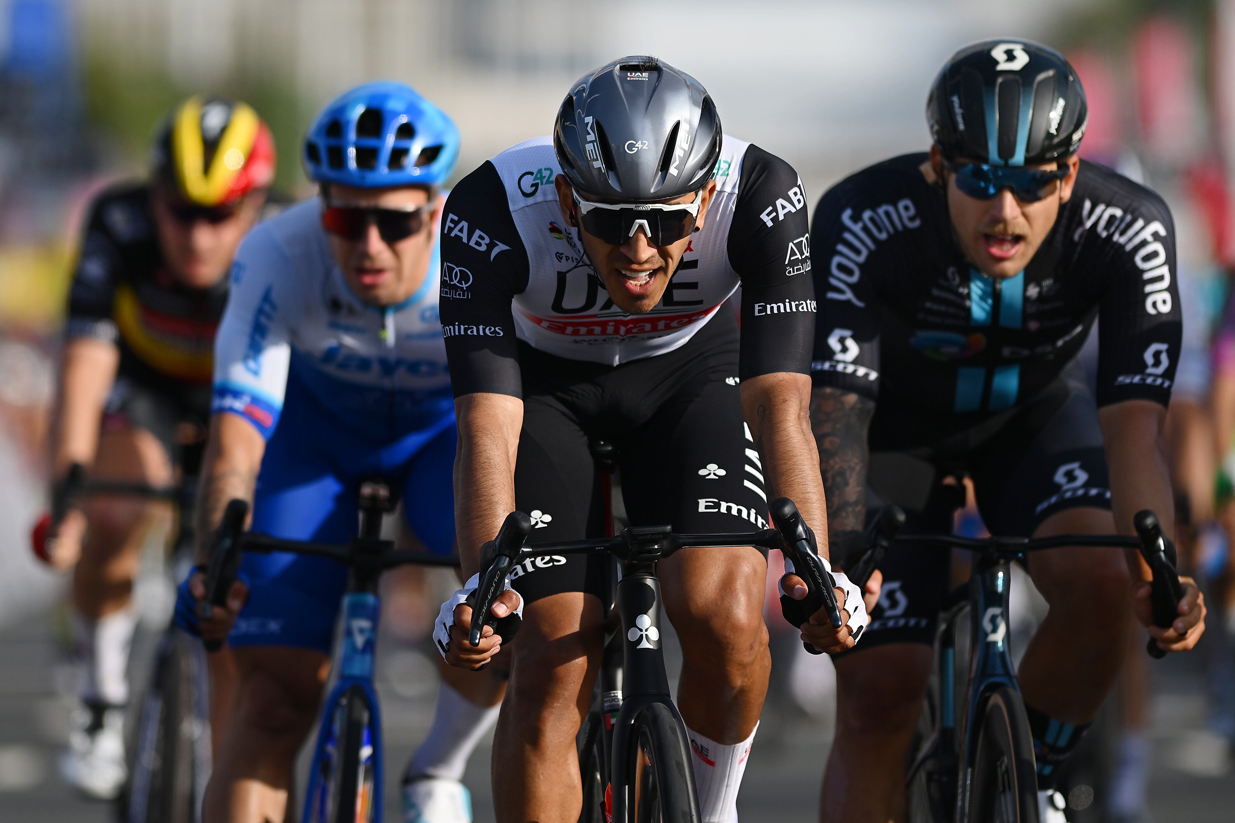 DUBAI HARBOUR, UNITED ARAB EMIRATES - FEBRUARY 23: Stage winner Juan Sebastian Molano Benavides of Colombia and UAE Team Emirates sprints at finish line during the 5th UAE Tour, Stage 4 a 174km stage from Al Shindagha to Dubai Harbour / #UAETour / #UCIWT / on February 23, 2023 in Dubai Harbour, United Arab Emirates. (Photo by Dario Belingheri/Getty Images)