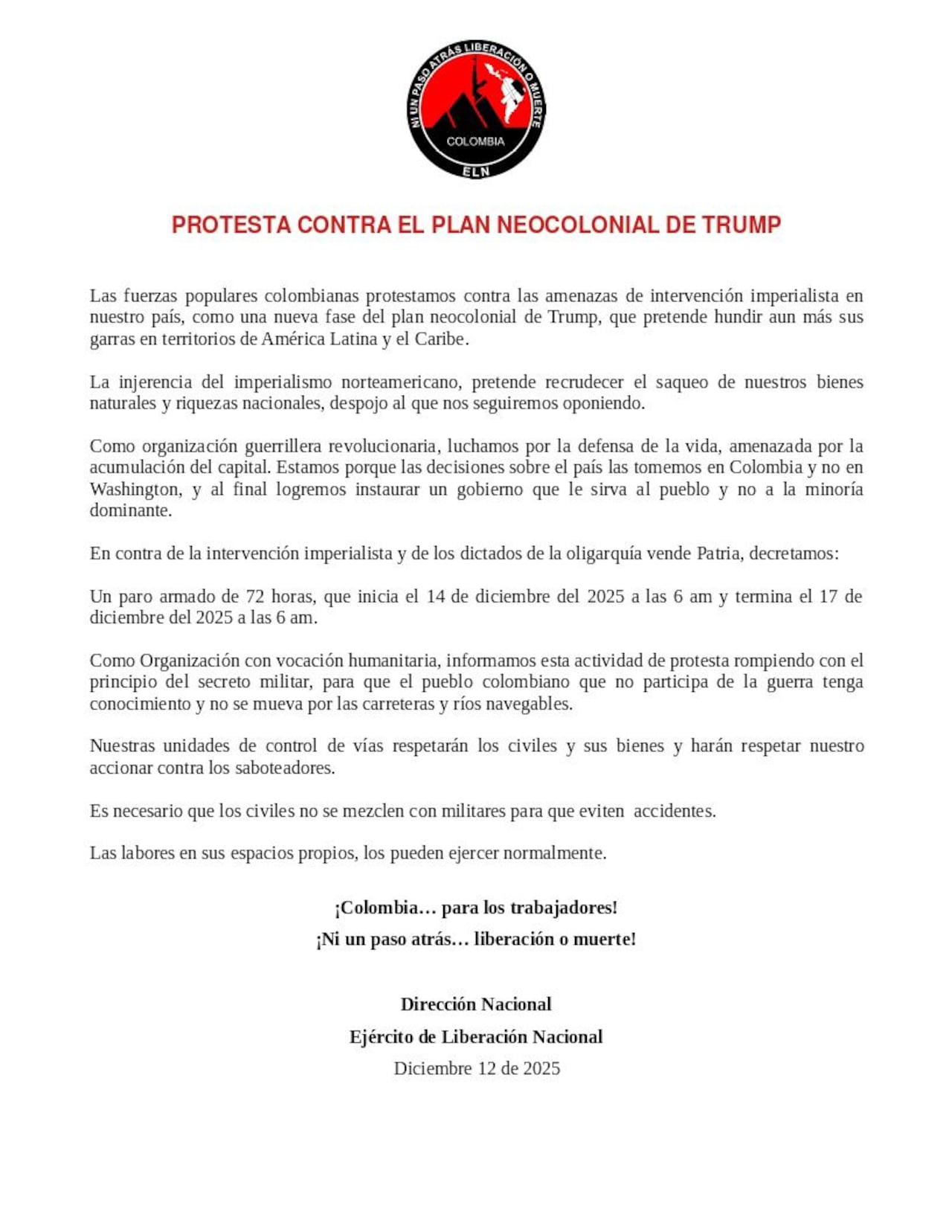 ELN anuncia paro armado en Colombia.