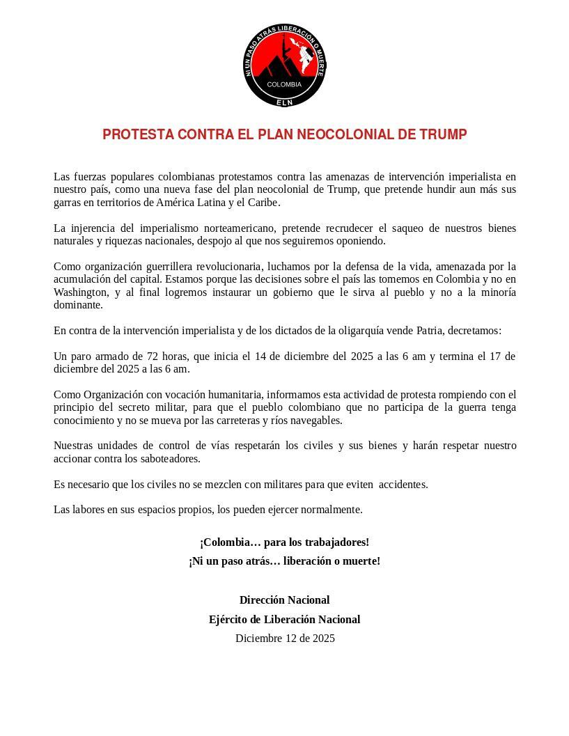 ELN anuncia paro armado en Colombia.