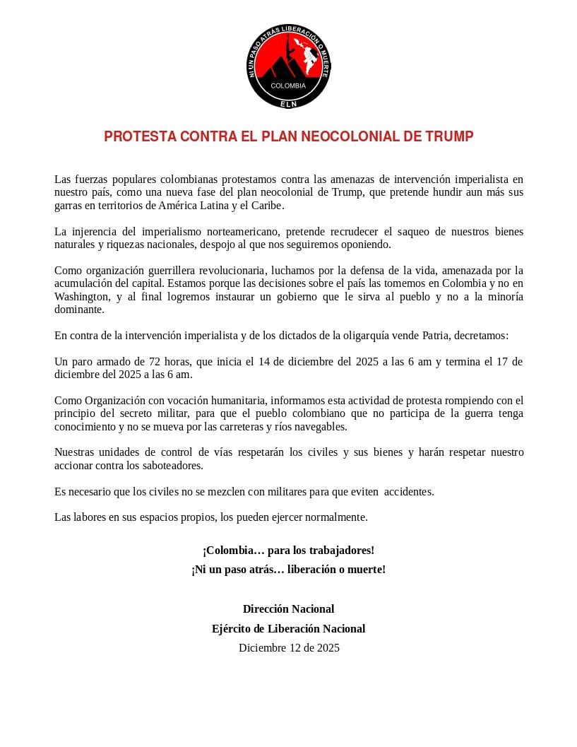 ELN anuncia paro armado en Colombia.