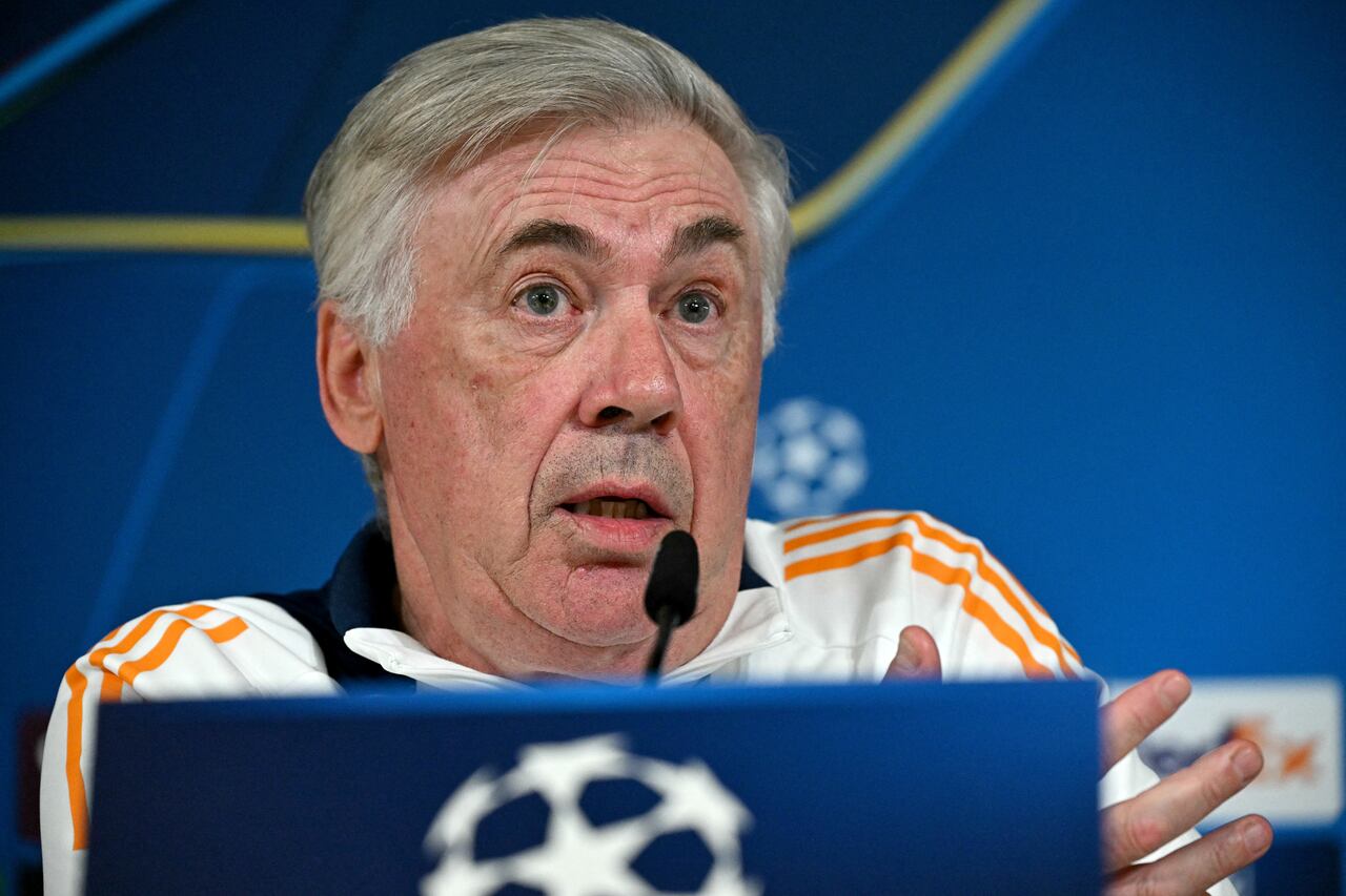 Real Madrid's Italian coach Carlo Ancelotti gives a press conference on the eve of their UEFA Champions League football match against Manchester City at Real Madrid Sports City in Valdebebas, in the outskirts of Madrid, on February 18, 2025. (Photo by JAVIER SORIANO / AFP)