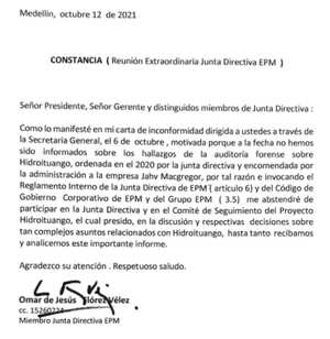 Constancia radicada por Omar Flórez, integrante de la junta de EPM