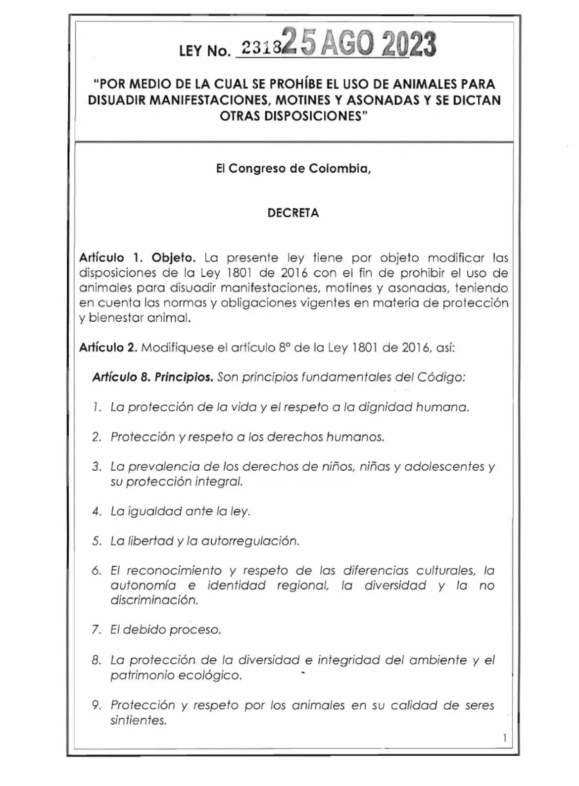 Ley prohibición uso animales fuerza pública manifestaciones