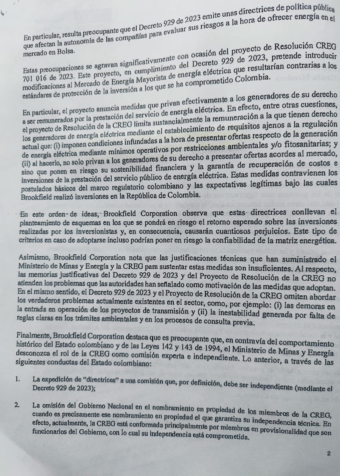 Carta que enviaron Brookfiel Corporation, dueños de Isagen, al Ministerio de Minas y Energía.