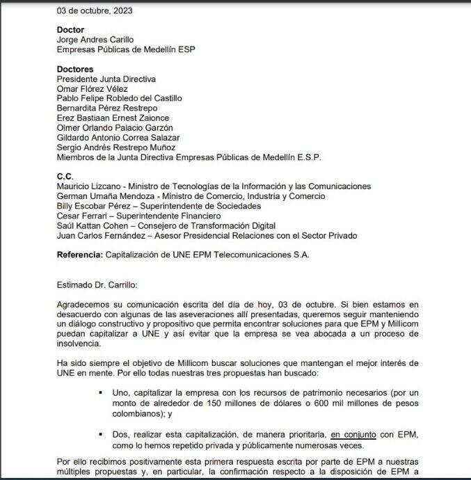 Carta de Millicom enviada al gerente de EPM.