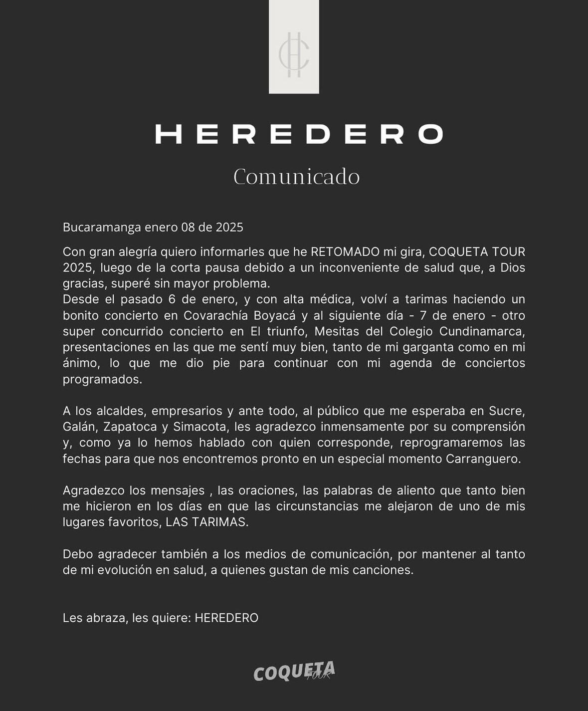 Heredero retoma conciertos luego de atravesar fuerte problema de salud.