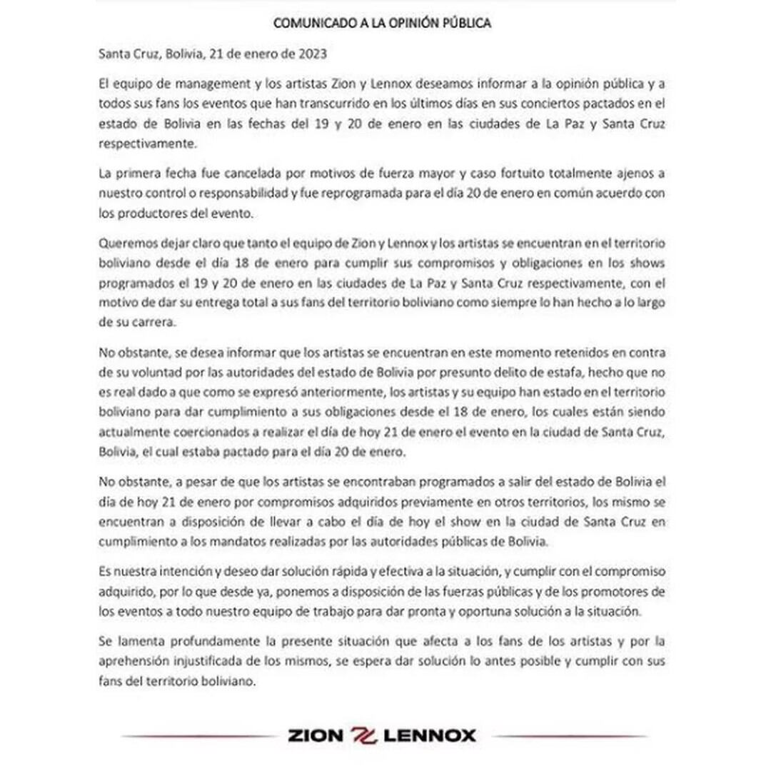 Comunicado oficial de Zion y Lennox, el cual fue posteriormente eliminado de las redes.