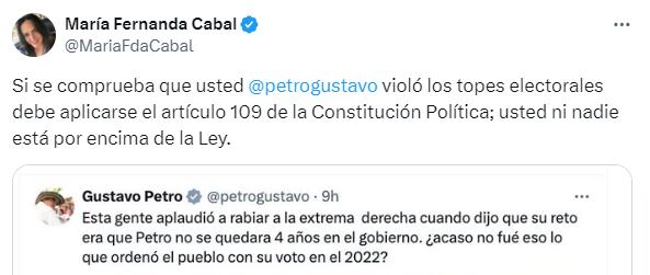 Mensajes entre María Fernanda Cabal y Gustavo Petro