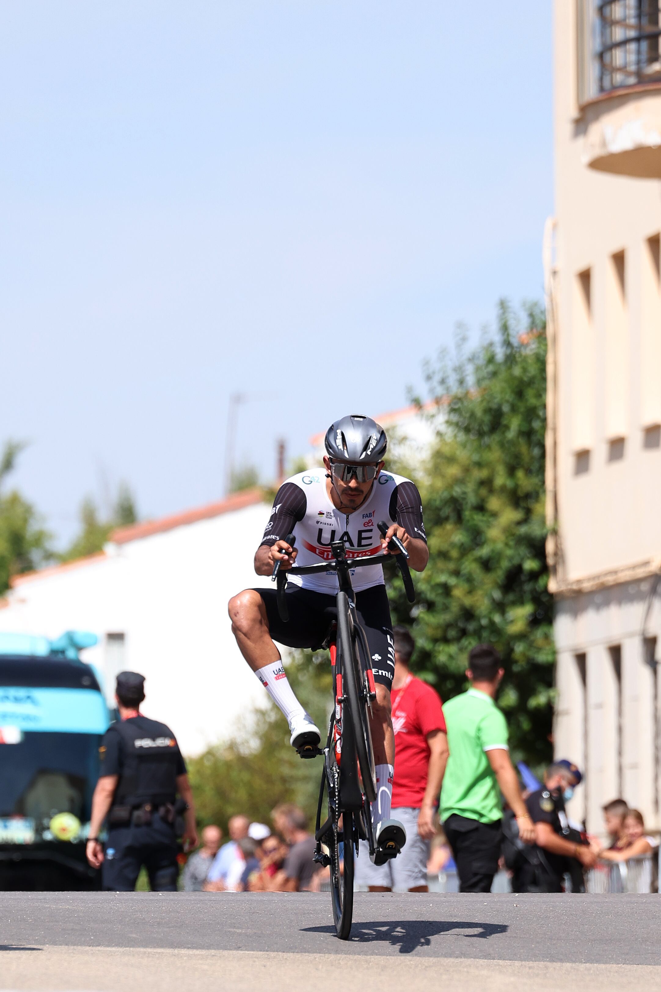 UTIEL, SPAIN - SEPTEMBER 01: Juan Sebastian Molano Benavides of Colombia and UAE Team Emirates makes a wheelie prior to the 78th Tour of Spain 2023, Stage 7 a 200.8km stage from Utiel to Oliva / #UCIWT / on September 01, 2023 in Utiel, Spain. (Photo by Alexander Hassenstein/Getty Images)