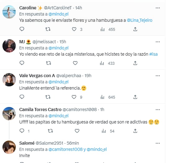 Usuarios de Twitter se percataron de que El Mindo habría sido quien envió las flores a Lina Tejeiro.