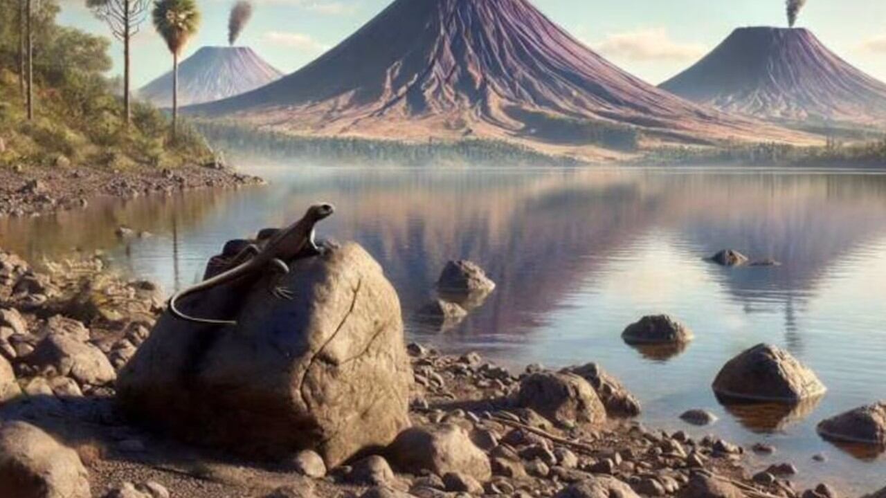 Una reconstrucción ambiental del área de East Kirkton hace unos 346 millones de años muestra a la Westlothiana lizziae descansando sobre una roca.