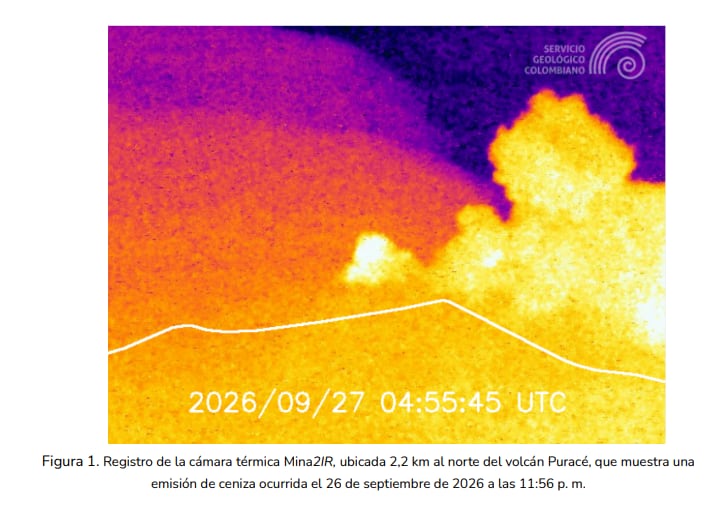 Imagen del Volcán Puracé que evidencia la emisión de ceniza