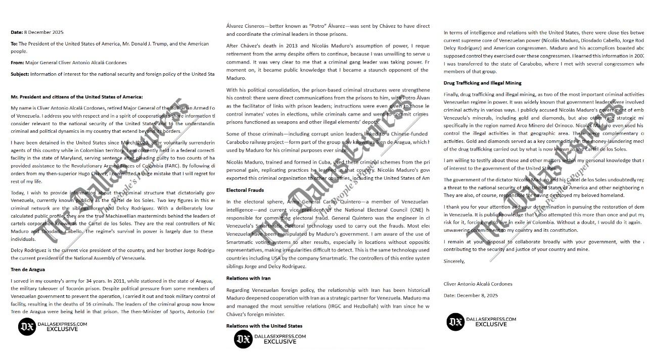 Carta de Cliver Alcalá conocida por el Dallas Express.