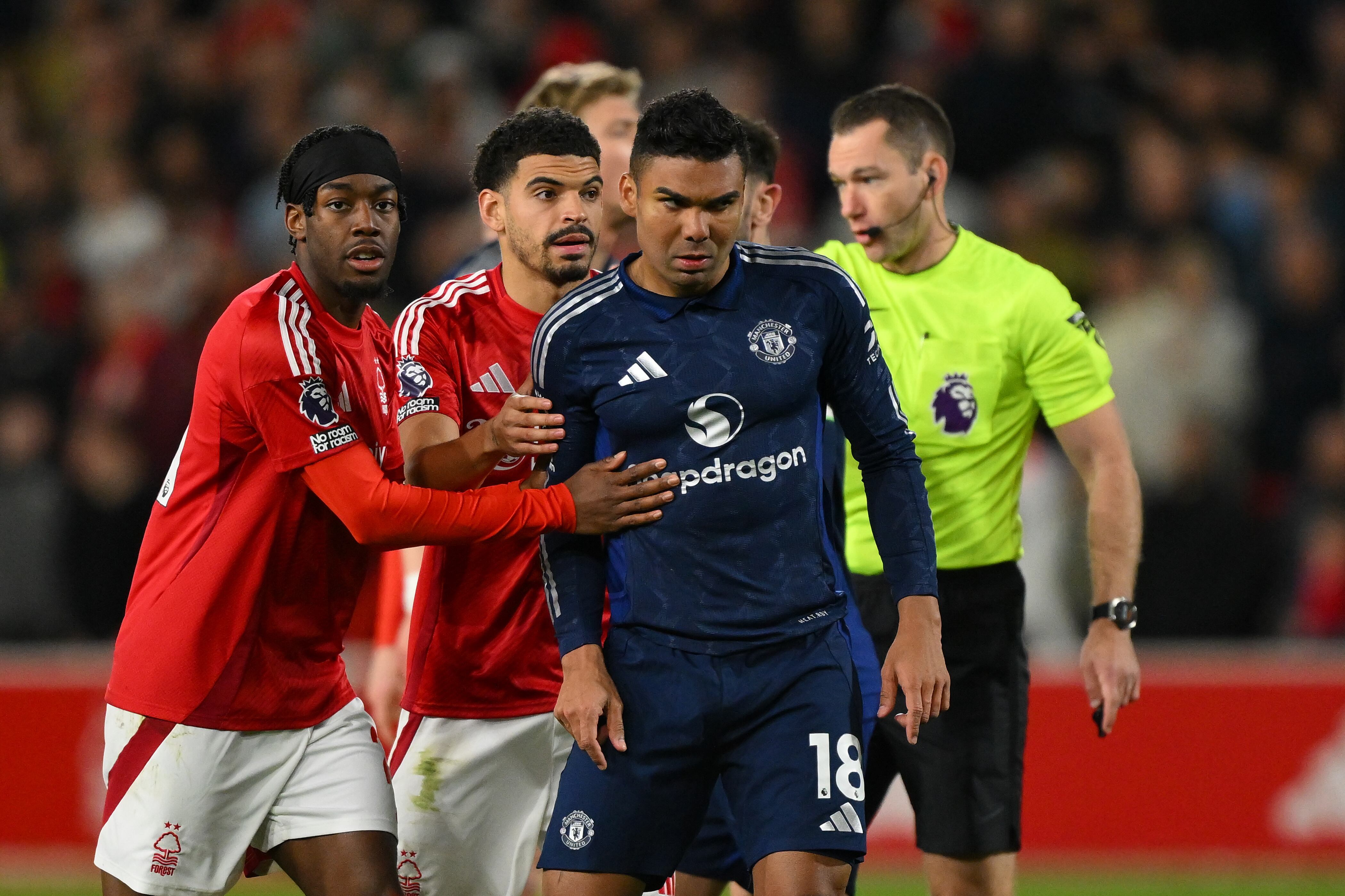 Casemiro of Manchester United reacts after being shown a yellow card by referee Jarred Gillett during the Premier League match between Nottingham Forest and Manchester United at the City Ground in Nottingham, on April 1, 2025. (Photo by Jon Hobley | MI News/NurPhoto via Getty Images)