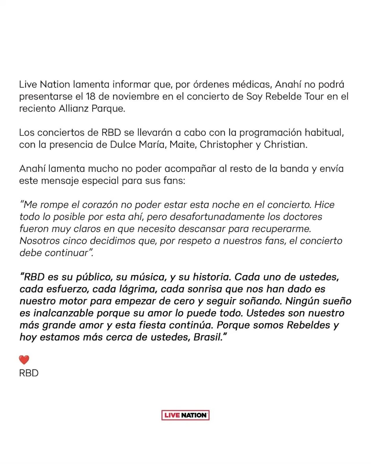 Comunicado de Live Nation Entertainment sobre Anahí.