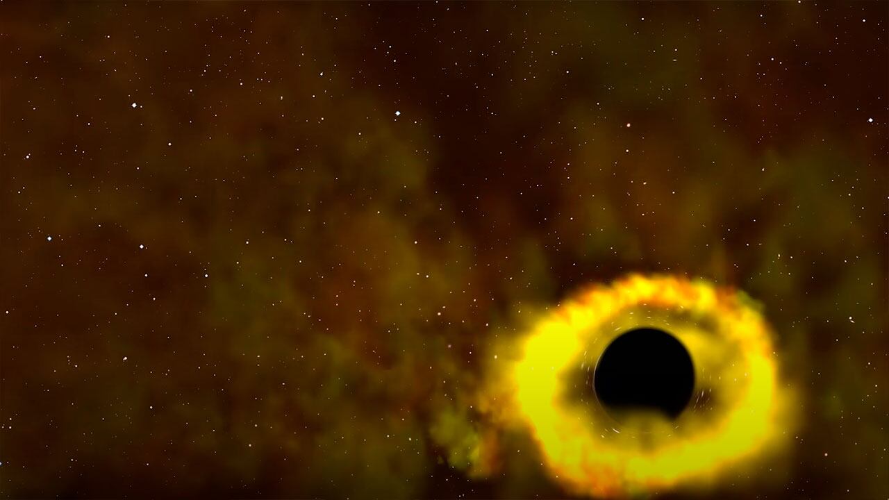 Reconstrucción de cómo un agujero negro se traga a una estrella.