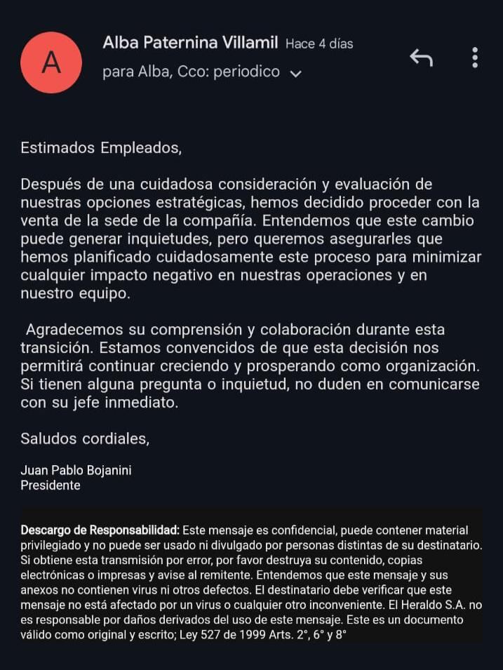 Correo a empleados de El Heraldo. Foto suministrada a SEMANA. API.