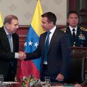 QUITO, ECUADOR - JANUARY 28: (L-R) Venezuelan Opposition Leader Edmundo González Urrutia greets President of Ecuador, and presidential candidate for National Democratic Action (ADN) party, Daniel Noboa during a visit to Ecuador at Palacio de Gobierno on January 28, 2025 in Quito, Ecuador. Venezuelan opposition leader Edmundo Gonzalez visits Ecuador as part of a trip to different countries in Latin America. The government of Daniel Noboa recognizes Gonzalez as president-elect of Venezuela. (Photo by Henry Lapo/Agencia Press South/Getty Images)