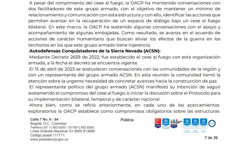 Documento enviado por la Oficina del Comisionado de Paz al Congreso