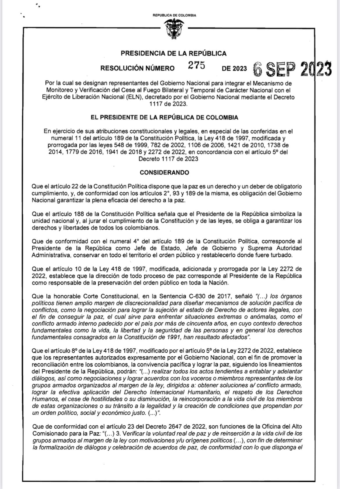 Resolución presidente Petro monitoreo cese al fuego con el ELN