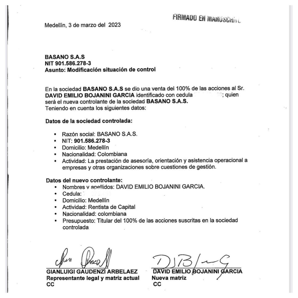 David Bojanini adquirió las acciones de Basano SAS