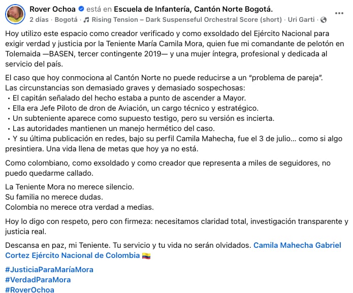 La publicación del usuario en Facebook: Rover Ochoa.
