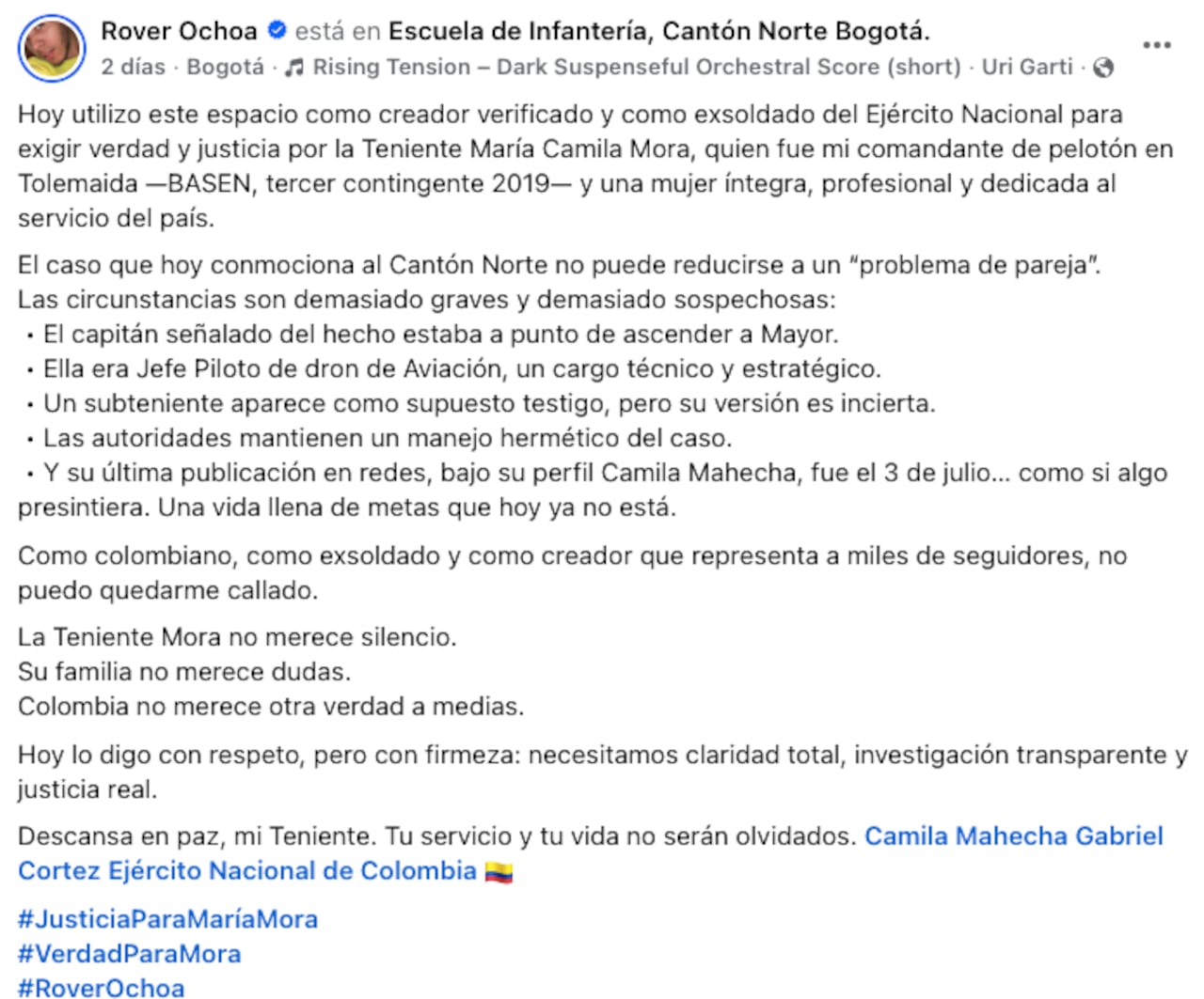 La publicación del usuario en Facebook: Rover Ochoa.