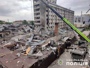 In this photo provided by the National Police of Ukraine, the RIA Pizza restaurant destroyed by a Russian attack is seen in Kramatorsk, Ukraine, Wednesday, June 28, 2023. (National Police of Ukraine via AP)