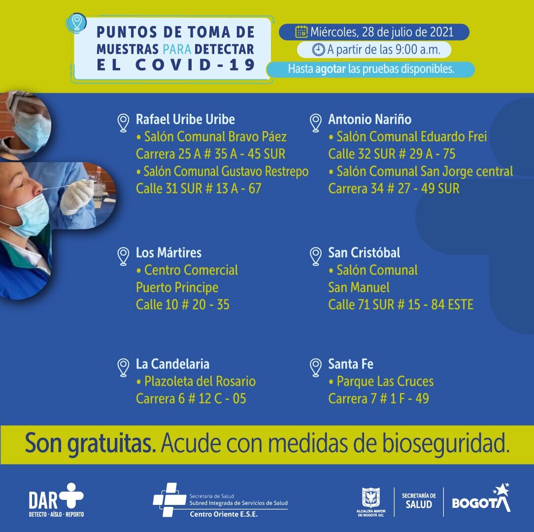 Pruebas gratis de covid 19 para hoy 28 de julio en Bogotá, estos son los puntos de atención